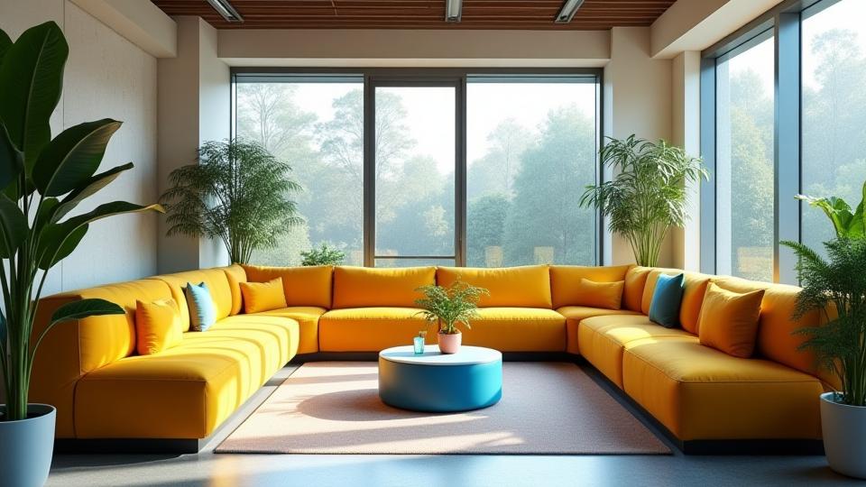 Уютная зона отдыха в кампусе Жеміс Код с мягкими диванами, пуфами и столами для неформального общения и перерывов, демонстрирующая поддерживающую атмосферу.