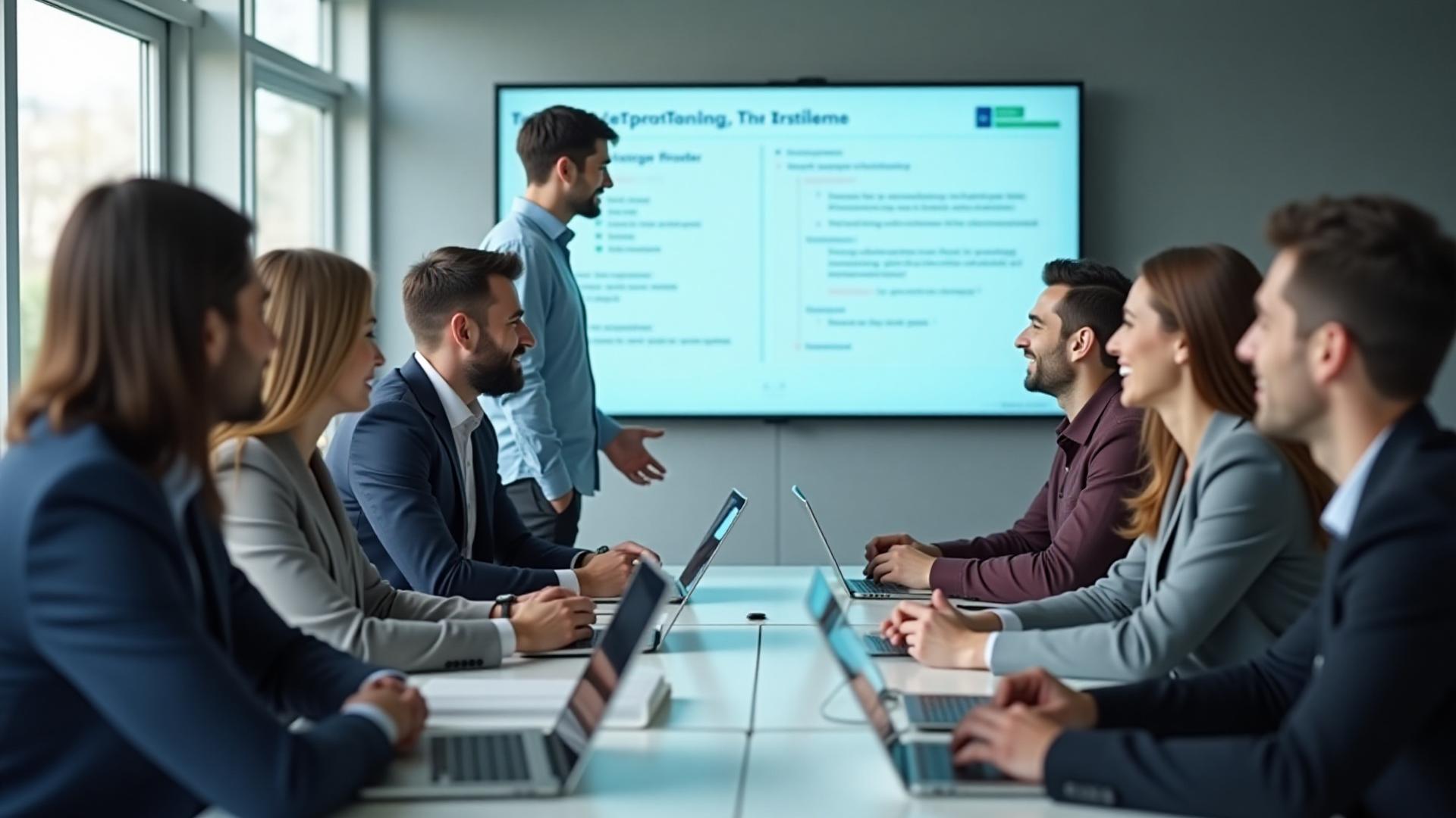 Сотрудники компании Жеміс Код проводят корпоративный тренинг для бизнес-команды в современном офисе